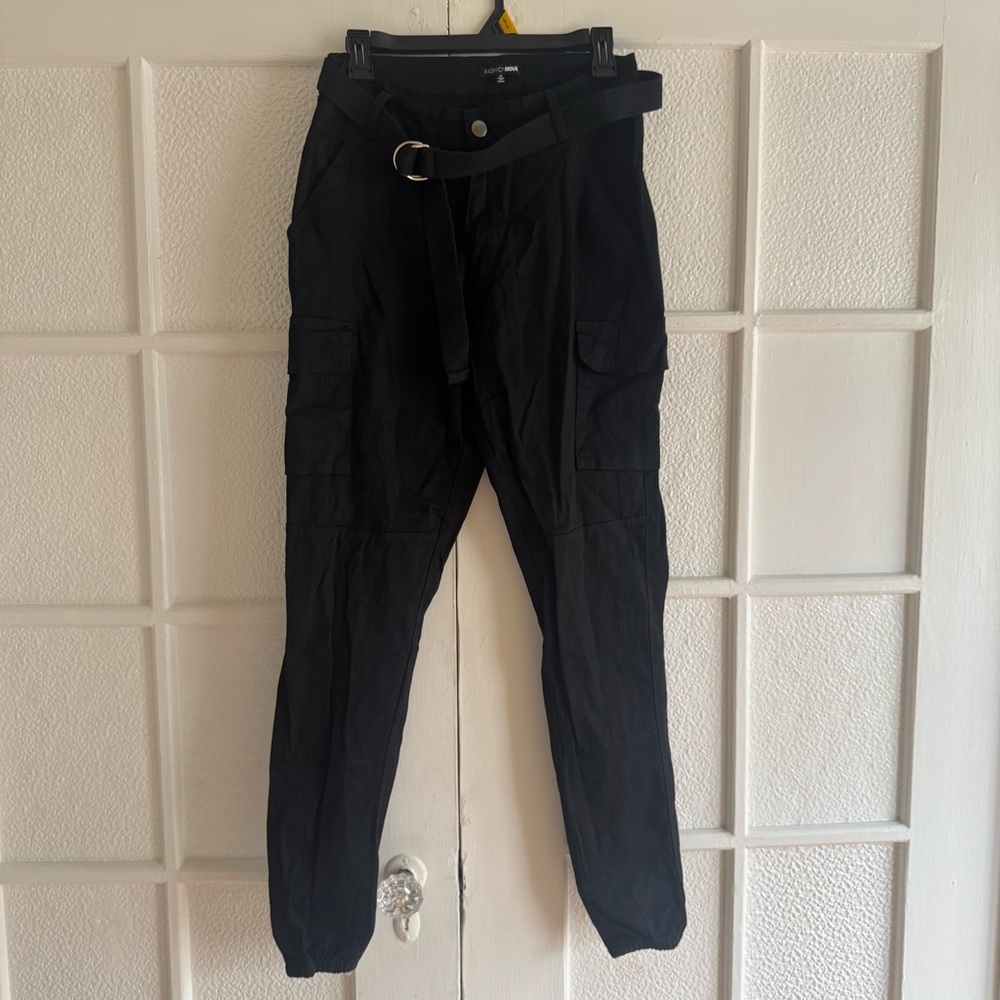Black Cargo Jogger Jean Pants with Belt - fashion nova